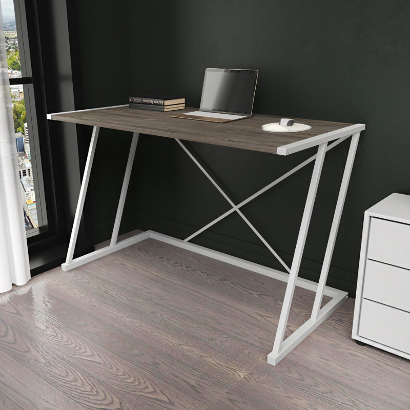 Lenes Metal Base Writing Desk, Dark Gray Oak/White
