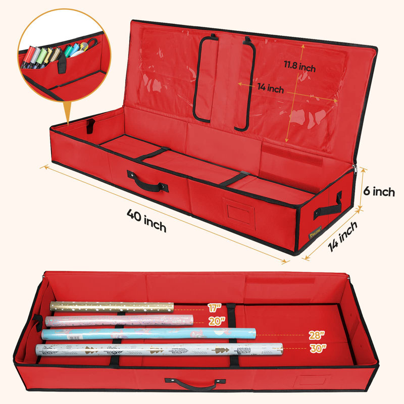 40" Wrapping Paper Storage Organizer with Flexible Partitions and Pockets, Red