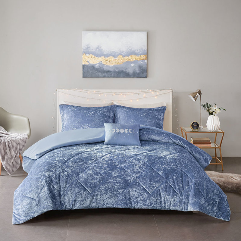 Housse de couette en velours bleu pervenche pour lit simple / simple TG - avec revers en microfibre solide et coussin décoratif