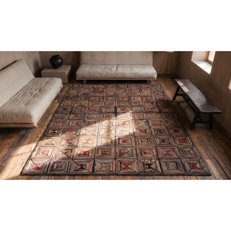 Antique Geometric Pattern American Hooked Area Rug