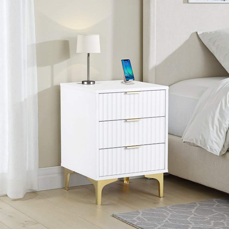Temeeka 40cm W Manufactured Wood Bedside Table, White/Gold