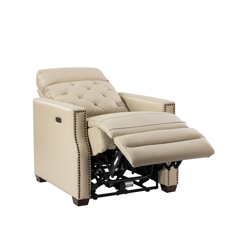 Gumesindo 31.50" Wide Genuine Leather Power Recliner, Beige Genuine Leather