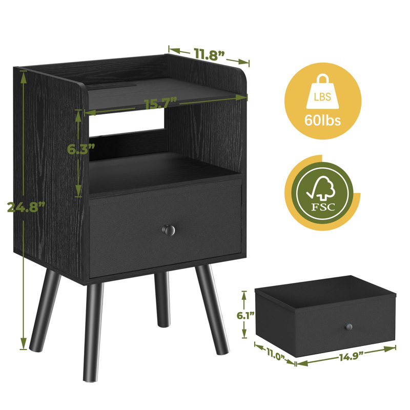 Table de chevet avec station de charge, Noir