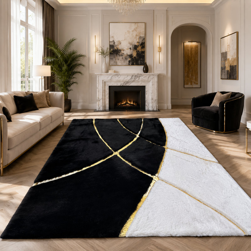 Élégant tapis noir et blanc moelleux avec tapis géométrique doré de style Art déco, Rectangle 6 pi x 9 pi