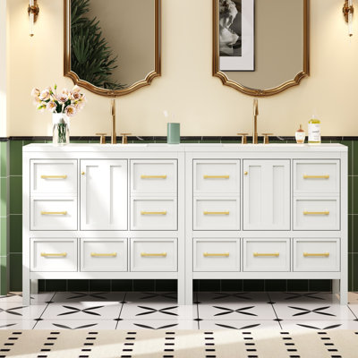  Meuble-lavabo autoportant de 72 pouces avec lavabo en résine, armoire de rangement double en bois massif avec tiroirs à fermeture en douceur, blanc