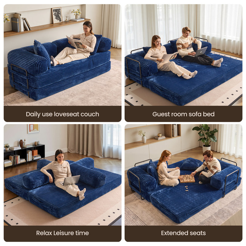 Boneless 80.5'' Mordern Convertible Sleeper Sofa Corduroy Loveseat Sofa Bed, Foldable Floor Couch, Blue