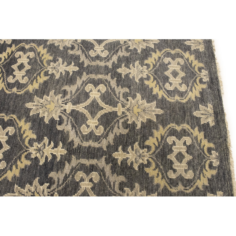 Tapis géométrique rectangulaire en laine noué à la main gris / beige