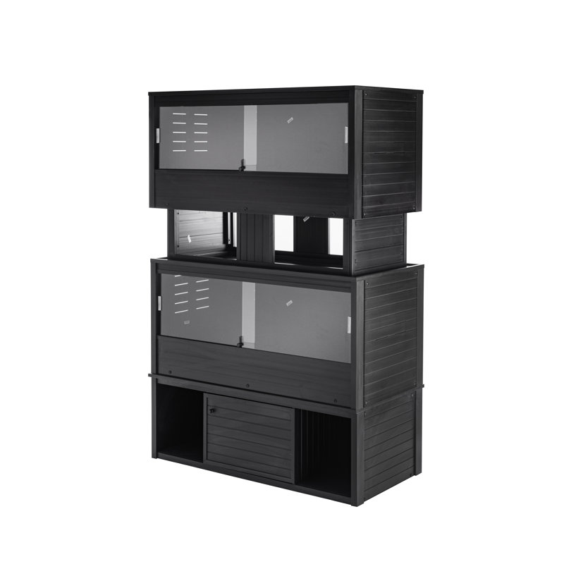 Ensemble de quatre pièces, deux enclos pour reptiles avec support de rangement à profil bas et empileur de connexion, Noir