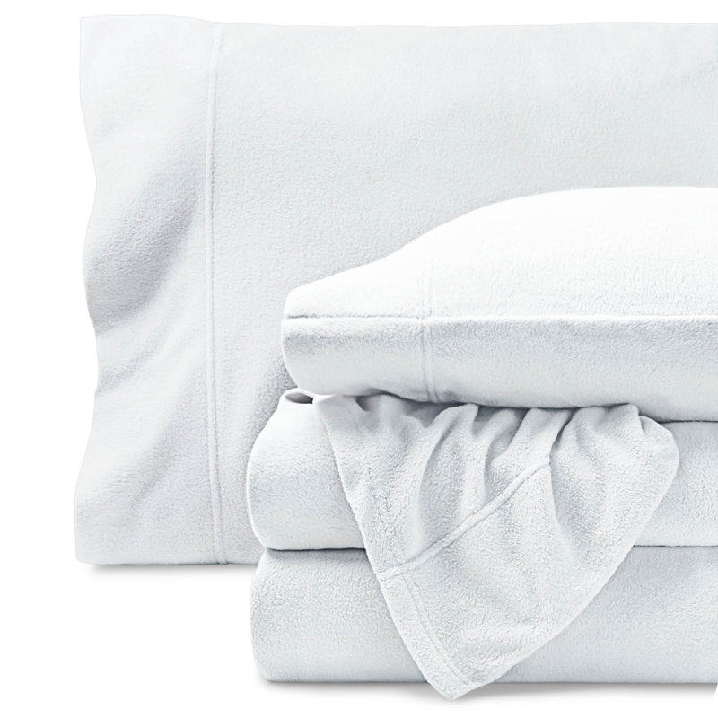 Premium Ultra Soft Polar Fleece Sheet Set, White, Queen With 2 Pillowcase