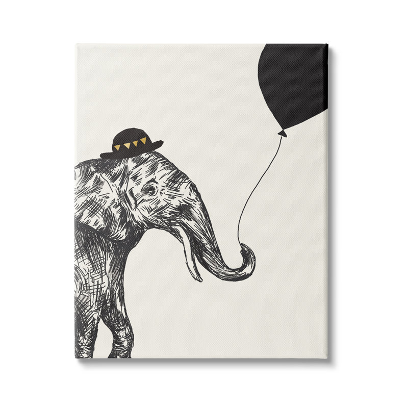 Éléphant avec un chapeau de Derby tenant un ballon noir, Toile tendue, H 40 po x l 30 po x P 1,5 po