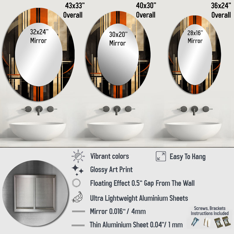 Vecteurs orange et gris I - décor de miroir mural ovale orange, 36 po x 24 po
