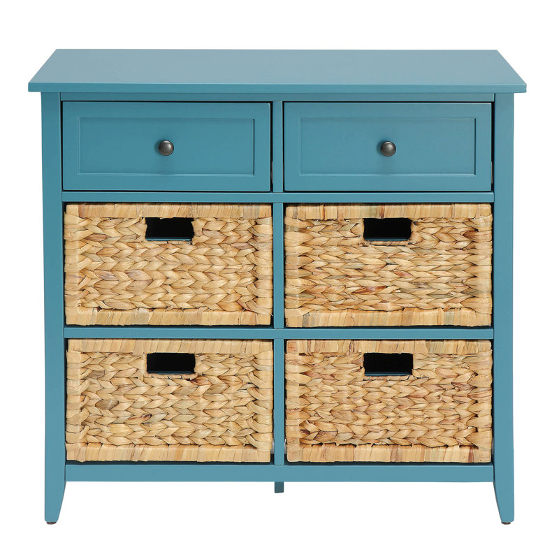 Console de couleur bleu sarcelle: espace de 6 tiroirs, devant de panier, bois, glissière en métal lisse Élément fonctionnel avec finition: côté