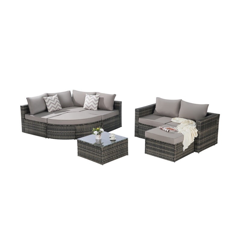 Ensemble de canapé d'extérieur 8 pièces, ensemble de conversation modulaire en forme de L en osier avec repose-pieds courbé et table en verre pour la piscine