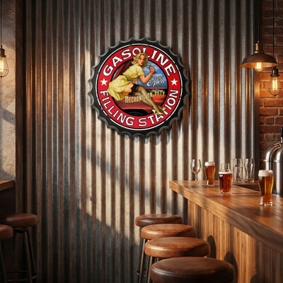 Retro Pinup Bottle Caps Metal Tin Signs Wall Art Plaque Vintage Home Decor 13.8x13.8 Inch