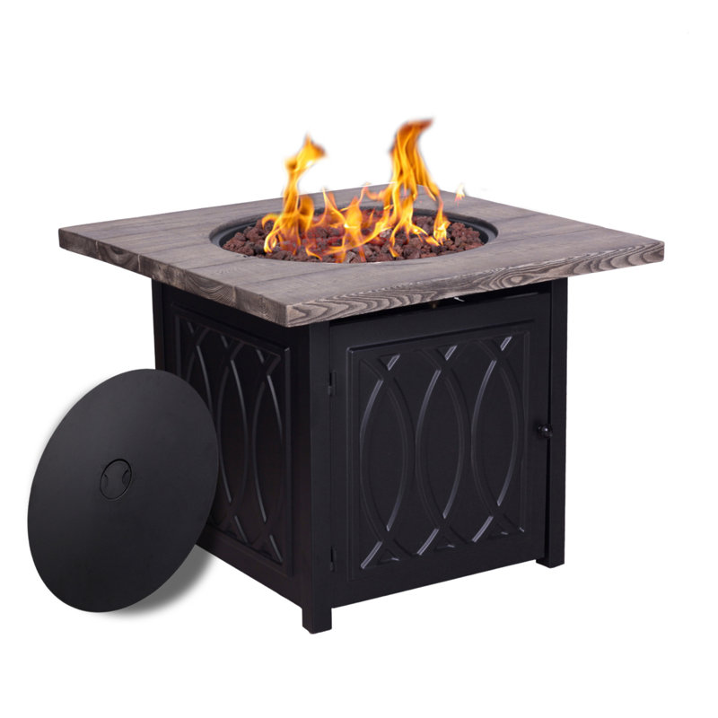 Table de foyer d'extérieur au propane en simili grain de bois avec couvercle en acier au propane avec couvercle