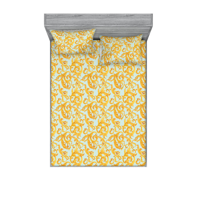 Ambesonne Fitted Sheet & Shams, California King Sheet Set with 2 Pillowcases, Marigold/Pale Floral
