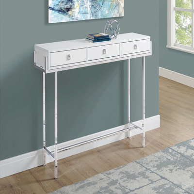 Narrow Sofa Console Table, With Storage Drawer, Accent Entryway Living Room Bedroom, Glossy White Laminate Chrome Metal Contemporary Modern