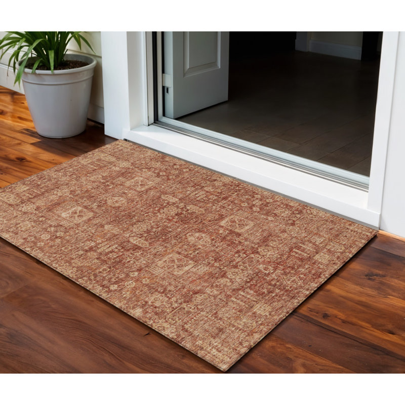 3' X 5' Orange Copper And Terra Cotta Oriental Washable Indoor Outdoor Area Rug