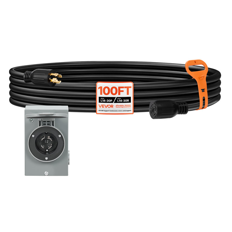 30 Amp Generator Cord and Power Inlet Box, 100 FT, 125/250V NEMA L14-30P to L14-30R Heavy Duty Extension Power Cord, SJTW 10AWG 7500W, Pre-Drilled Inlet Box, for Generator to House, ETL Listed