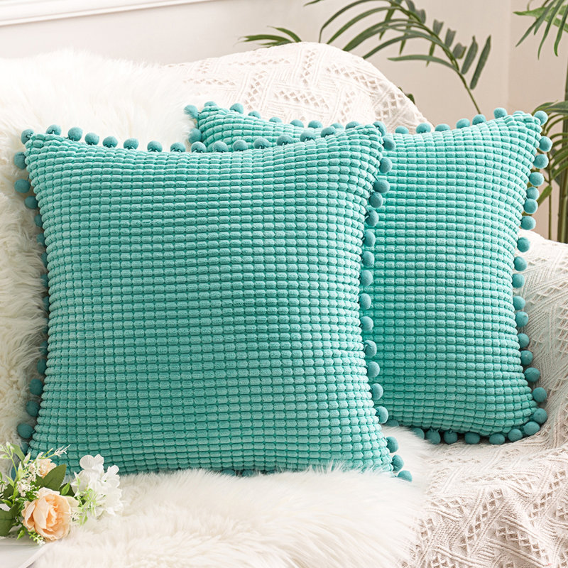 Pom-poms Cotton Blend Reversible Pillow Cover, Teal, 20" x 20"
