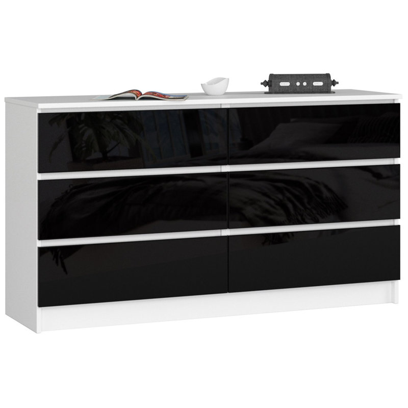 Wes 6 Drawer 138Cm W Double Dresser, White/Black Gloss