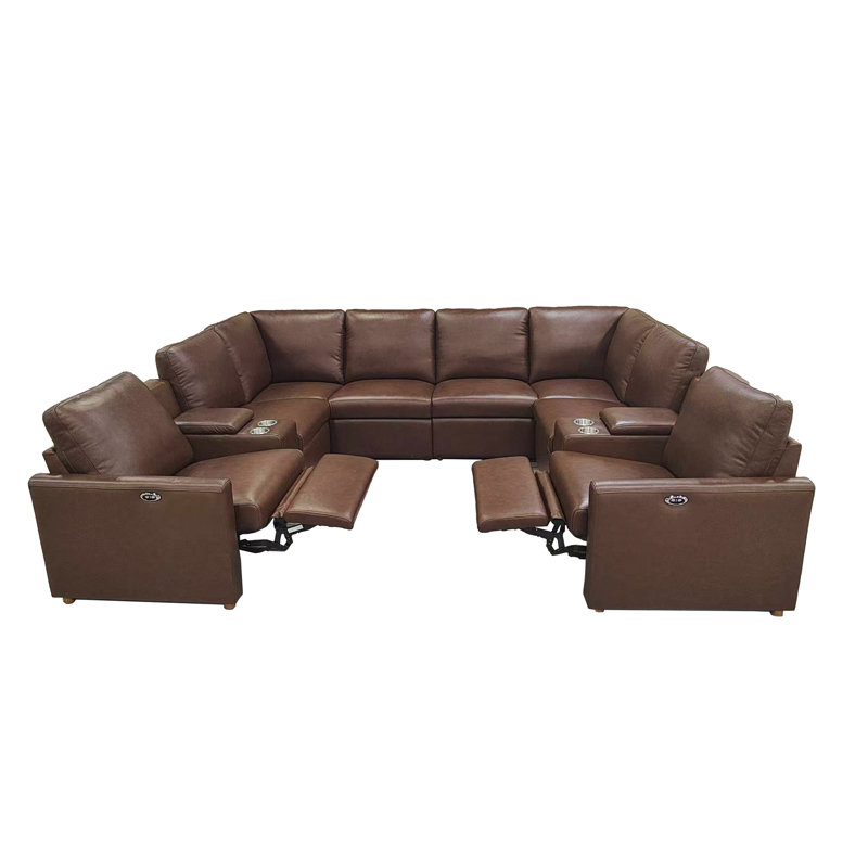 Genuine Leather Match Power Reclining U-Shaped Sectional Sofa With Console, Cup Holders & USB Ports