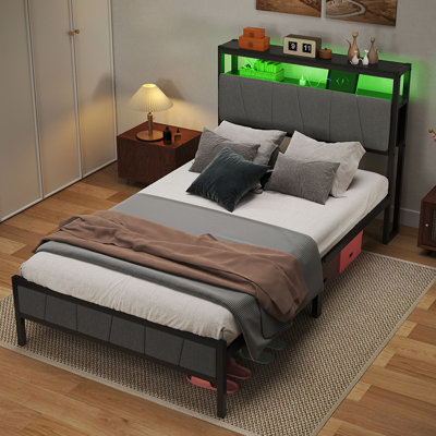 Storage Upholstered Platform Bed with LED Lighting Included and Built In USB Port