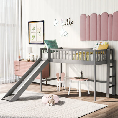 Lit mezzanine simple gris avec glissade amusante et amovible