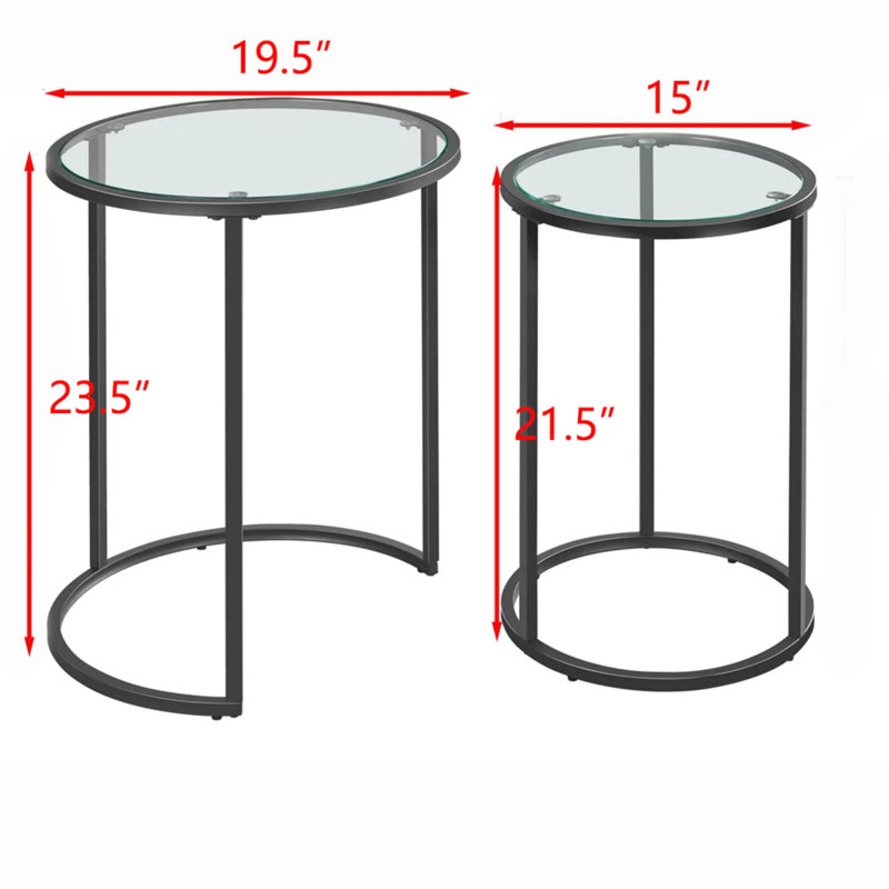 Round Metal Nesting End Table Set of 2 with Glass Top, Black