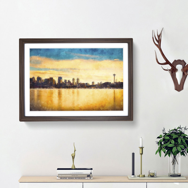 Reflection of the Seattle Skyline - Framed Print, 62cm H x 87cm W x 2cm D, Walnut Framed
