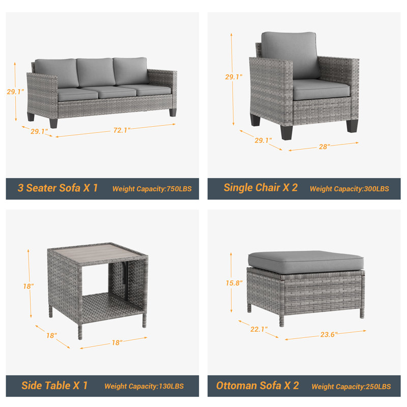 Patio Outdoor Furniture Set Rattan Coversation Seating Set Thickening Cushions With 3-Seater, Ottomans for Lawn, Poolside