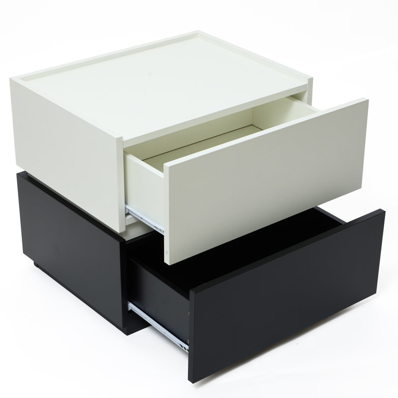 Table de chevet moderne à deux tiroirs, style bicolore noir et blanc, en bois d'ingénierie, hauteur 45 cm (17,7 po).