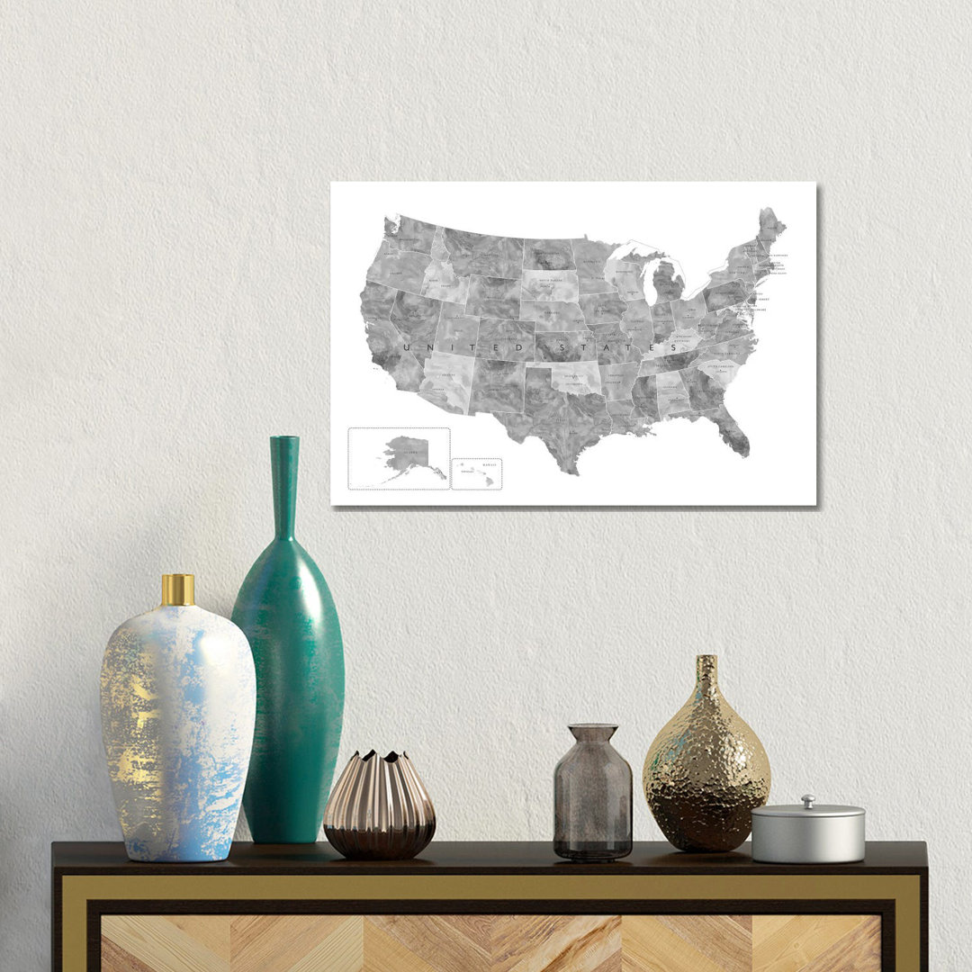 Gray Watercolor Map Of The Usa With States And State Capitals by Blursbyai - Gallery-Wrapped Canvas Giclée on Canvas