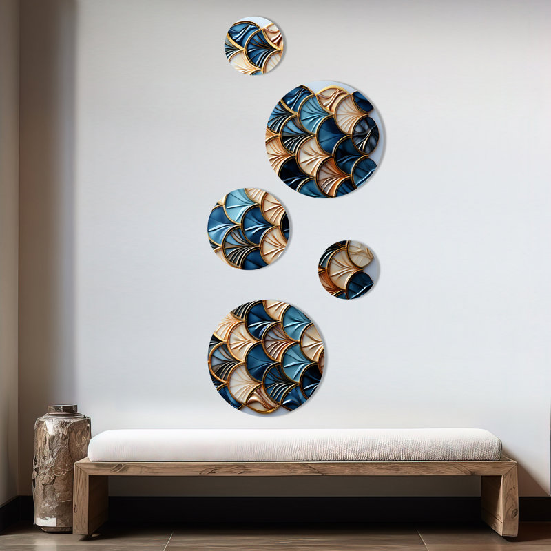 Carrelage bleu doré art déco élégant 1 I - ensemble d'art mural rond géométrique 5 pièces