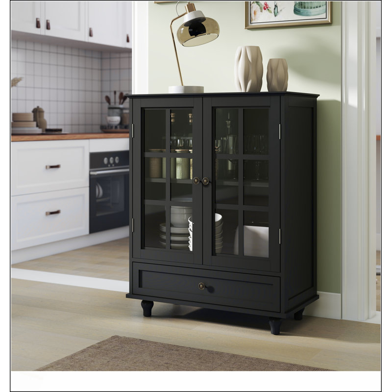 Buffet minimaliste noir avec portes doubles en verre et tiroir