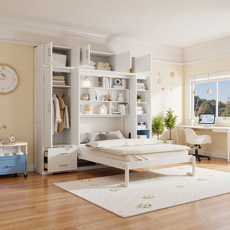 Grand lit escamotable avec système de rangement intégré, Blanc