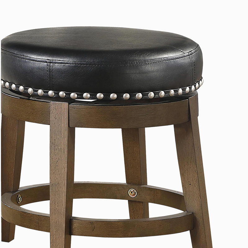 Ensemble 2 pièces, fauteuil rotatif à 360 degrés en similicuir noir, avec tête de clou décorée en bois massif, mobilier de style transitionnel brun