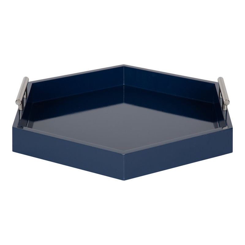 Norvan Hexagon Decorative Tray with Metal Handles, Navy Blue/Silver