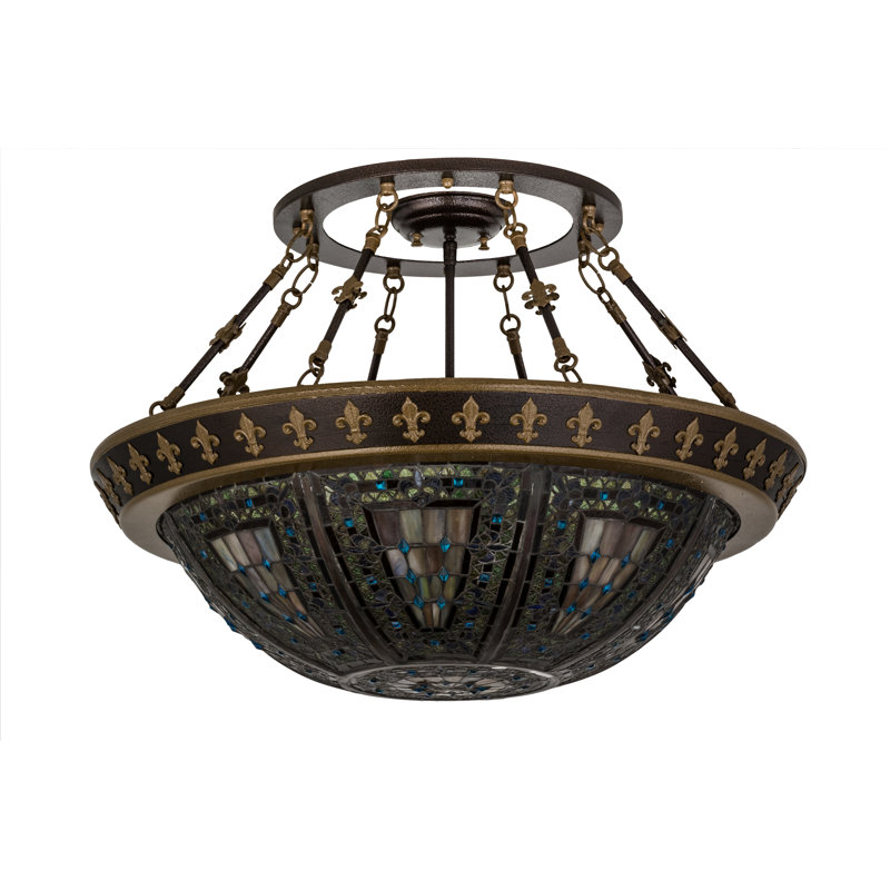 Fleur-de-lis Glass Semi Flush Mount, Beige/Cyan/Amber