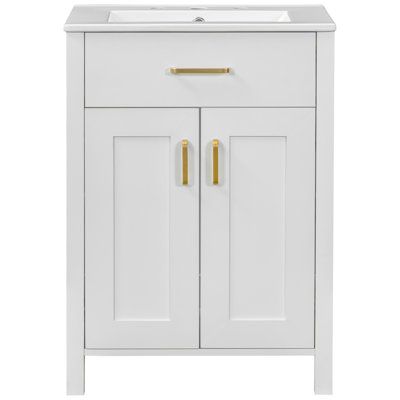 Meuble-lavabo 24 po avec lavabo en céramique - chic et fonctionnel. H34 po Structure en bois massif, panneaux. Poignées dorées. 2 portes à fermeture en douceur. Rangement abondant. Design moderne et élégant. Évier