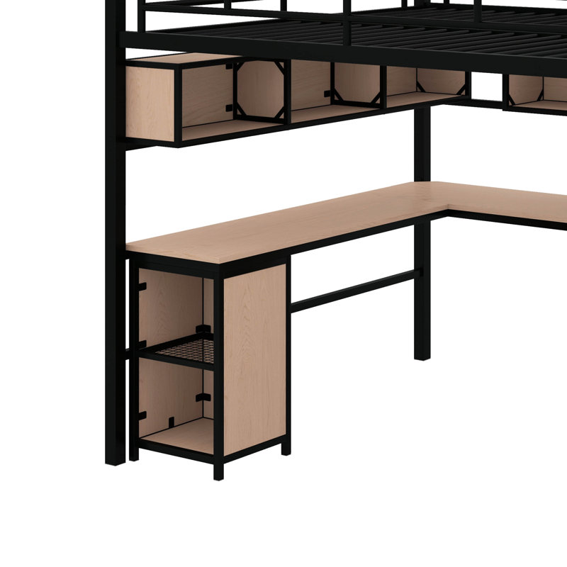 Lit mezzanine double en métal avec bibliothèque, bureau et armoire, Noir / brun