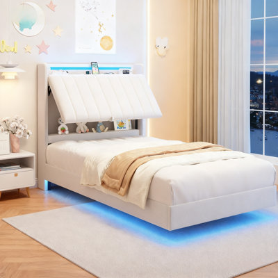 Cadre de lit flottant à DEL avec tête de lit cachée, lumière RVB, station de charge USB-C, lit plateforme en velours sans sommier