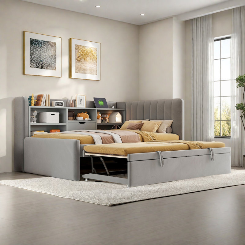 Upholstered Daybed With Trundle, Storage Shelves, Usb & Outlet And Vertical Striped Design, Gray