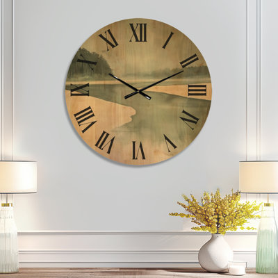 Estuaire de la barre de sable tranquille I - Horloge murale ronde verte côtière, impression sur bois