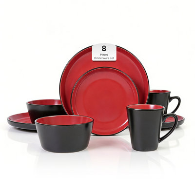 HomeVSS  8-Piece Stoneware ColorCore Dinnerware Set, Shiny Red Inside & Matte Black Outside, Service for 2