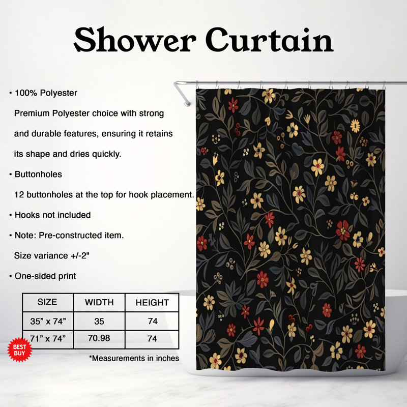 Rideau de douche noir Hibiscus - Premium, H 74 po x l 71 po