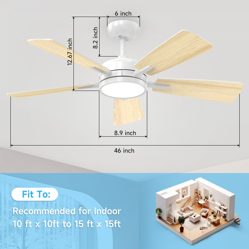 Ayan 46" W Dimmable LED Ceiling Fan, White with Oak/White Blades