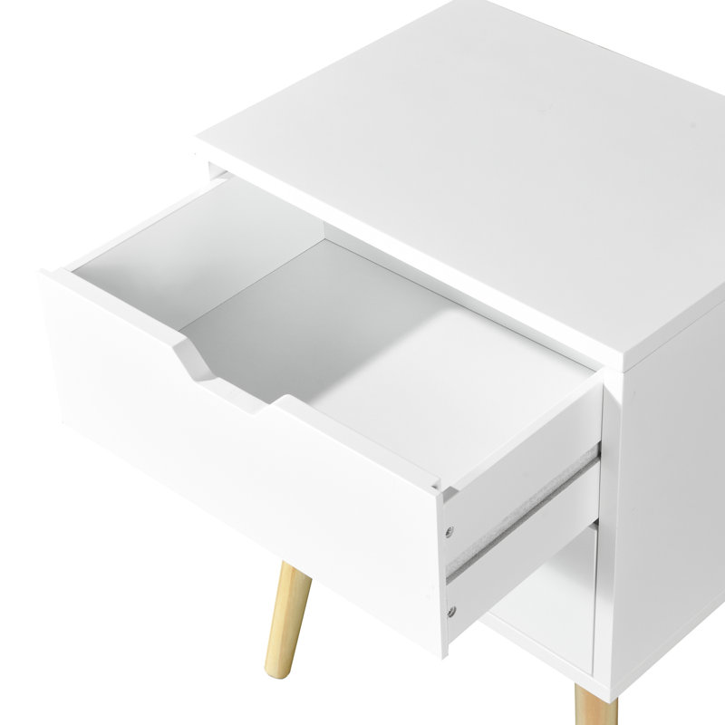 Table d'appoint à 2 tiroirs avec pieds en bois d'hévéa, mobilier de chambre à coucher de style moderne Mid-Century, blanc pour travailler
