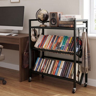 Chariot à livres roulant en métal à 3 niveaux avec roues et crochets, 81,5 cm (H) x 70 cm (L), étagère à livres mobile pour bureau à domicile