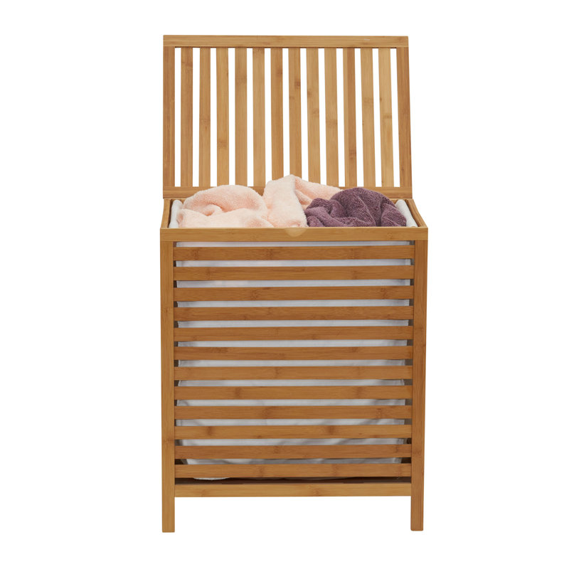 Bamboo Laundry Hamper with Removable Cotton Bag Foldable Slatted Frame